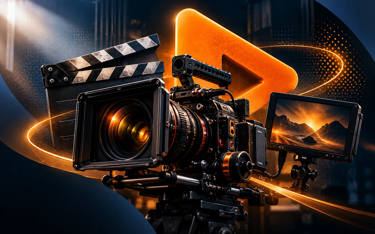 Câmera de cinema, claquete e monitor em composição audiovisual
