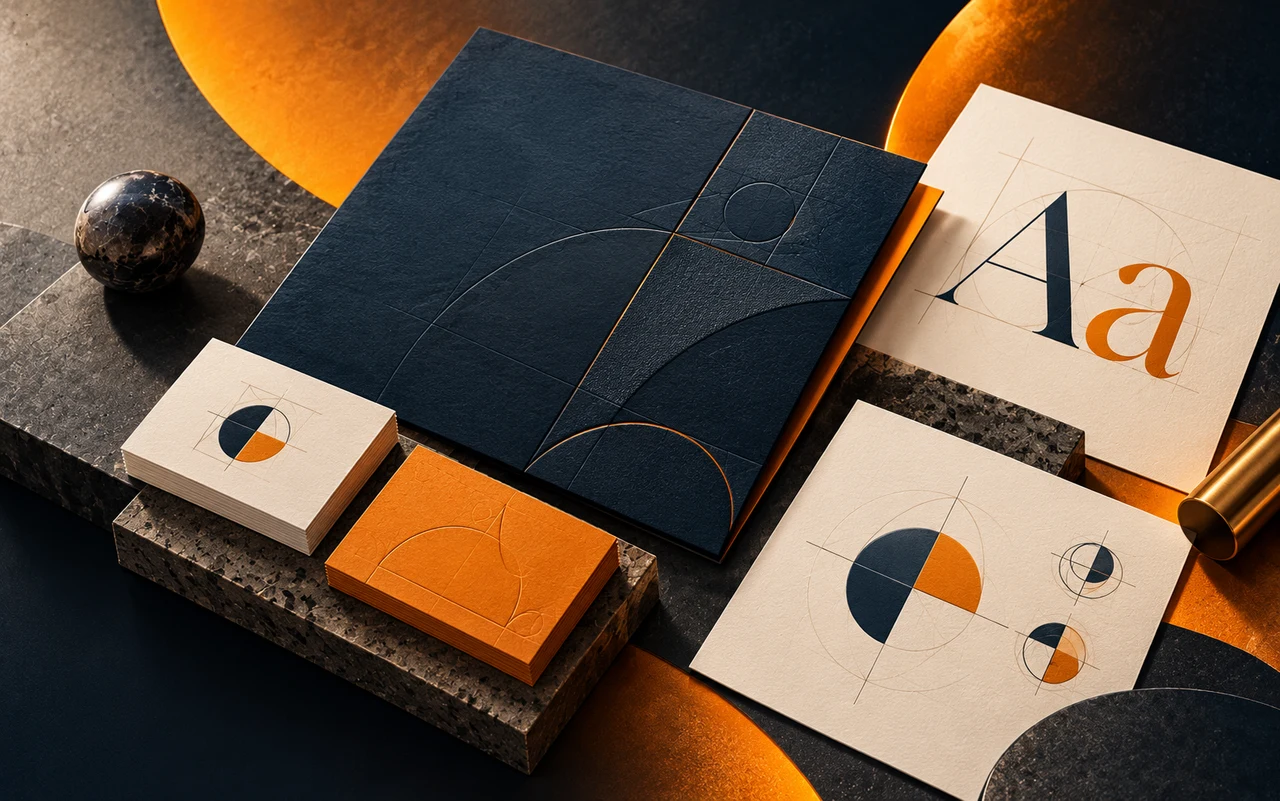 Papelaria e estudos geométricos de identidade visual em azul e laranja