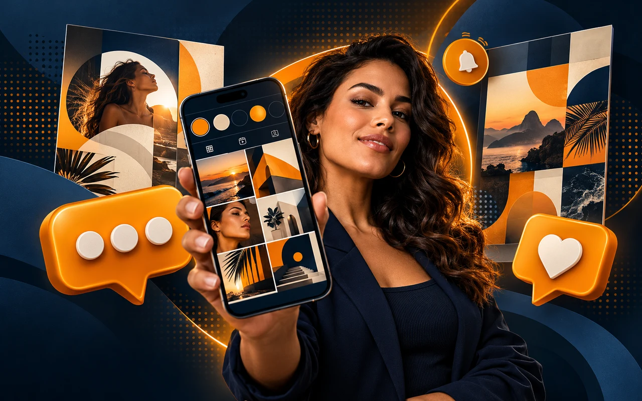 Composição publicitária com criadora, smartphone e peças para redes sociais