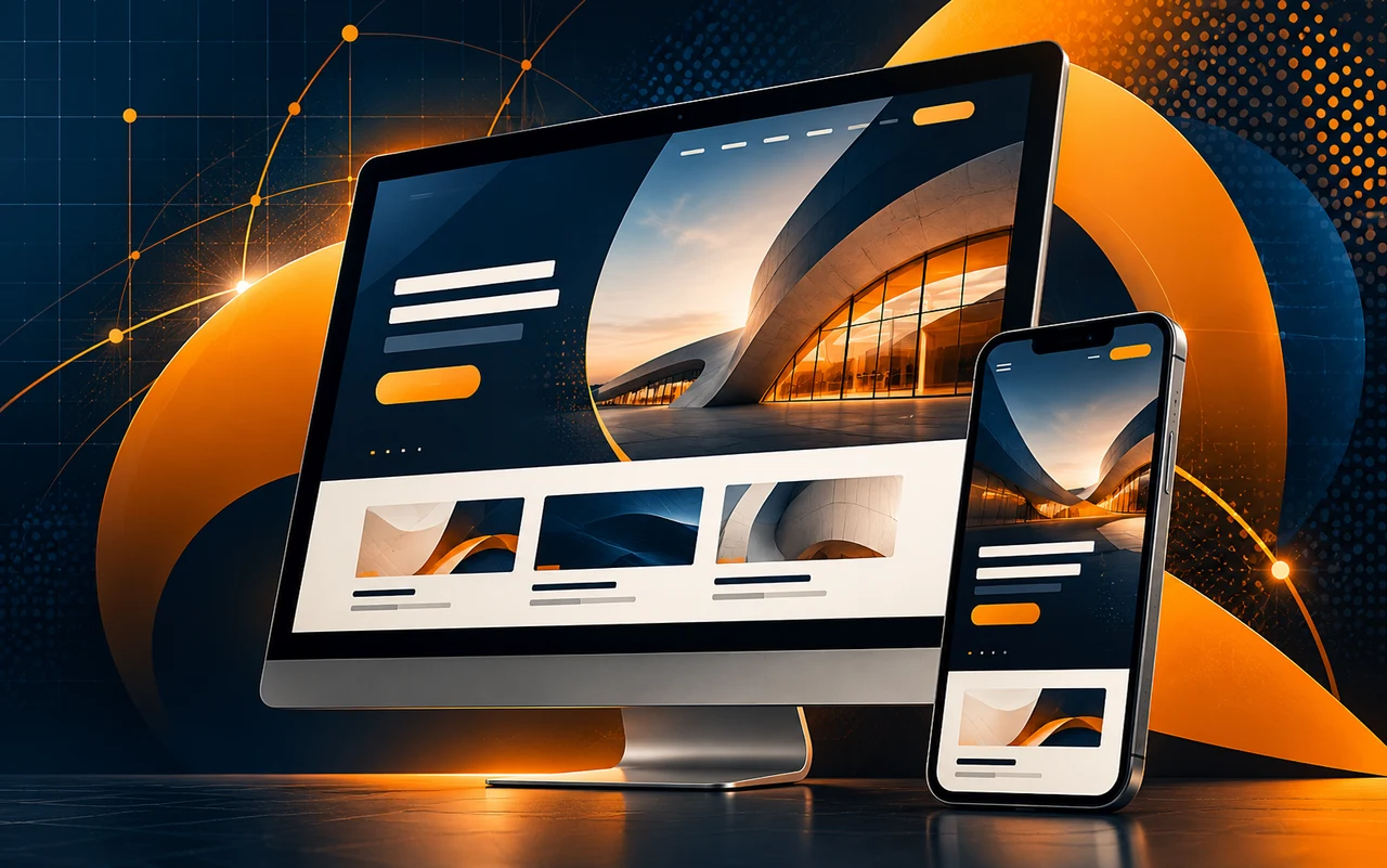 Layouts digitais apresentados em monitor e smartphone
