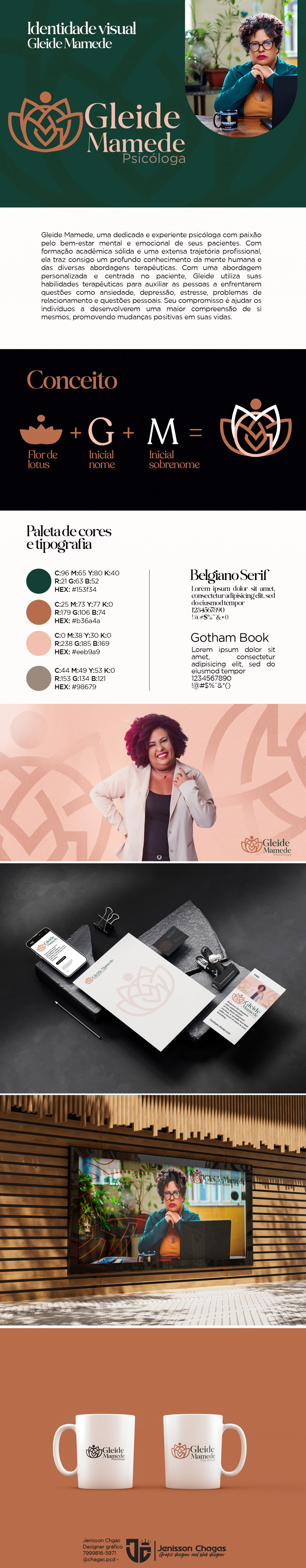 Apresentação completa da identidade visual de Gleide Mamede: conceito, cores, tipografia e aplicações